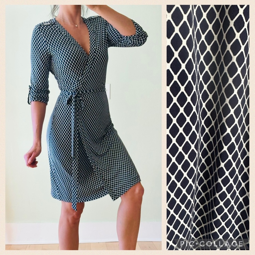 Calvin Klein Navy and White Geometric Wrap Dress